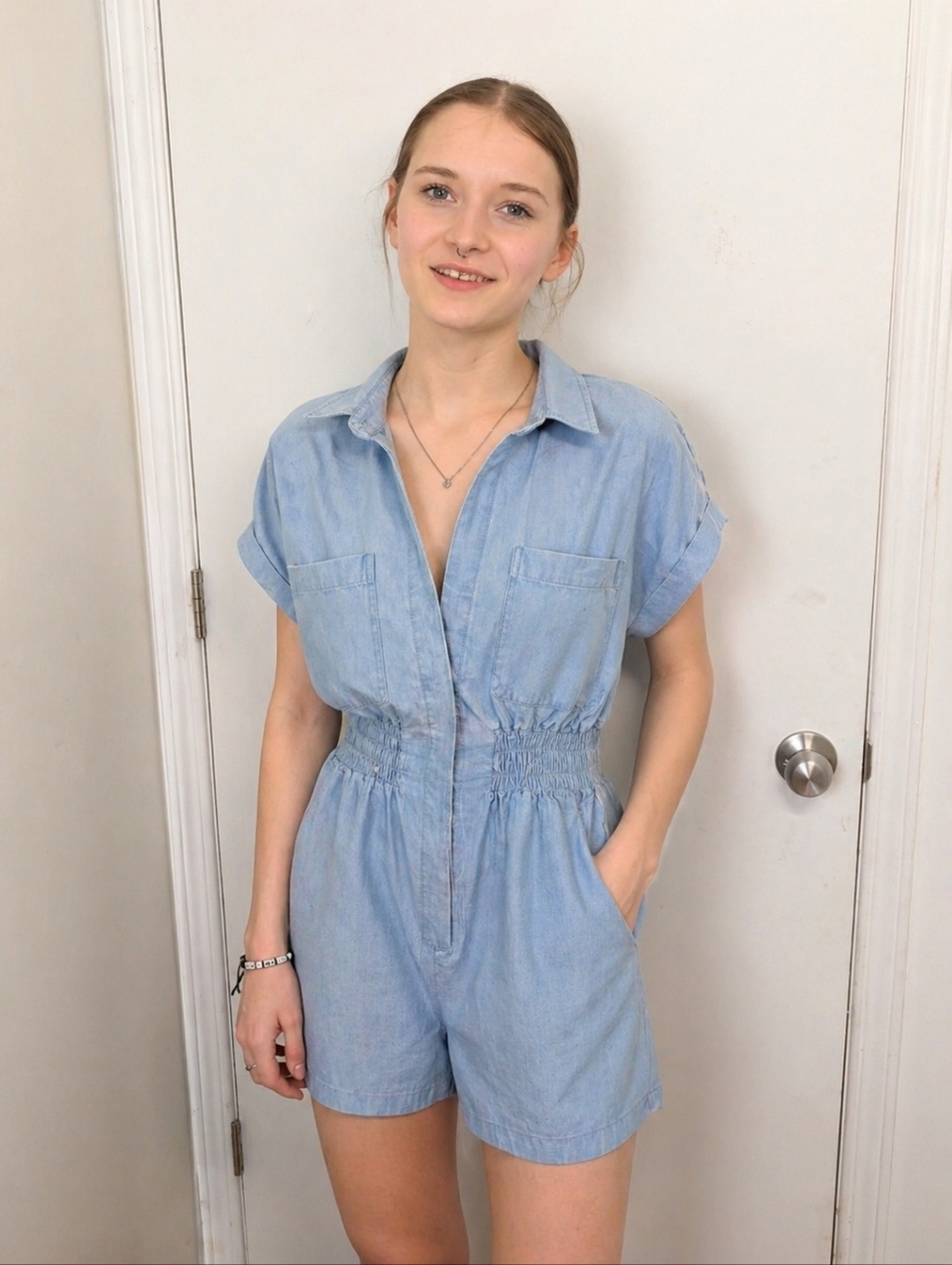 Simons Light Blue Denim Romper Jumpsuit